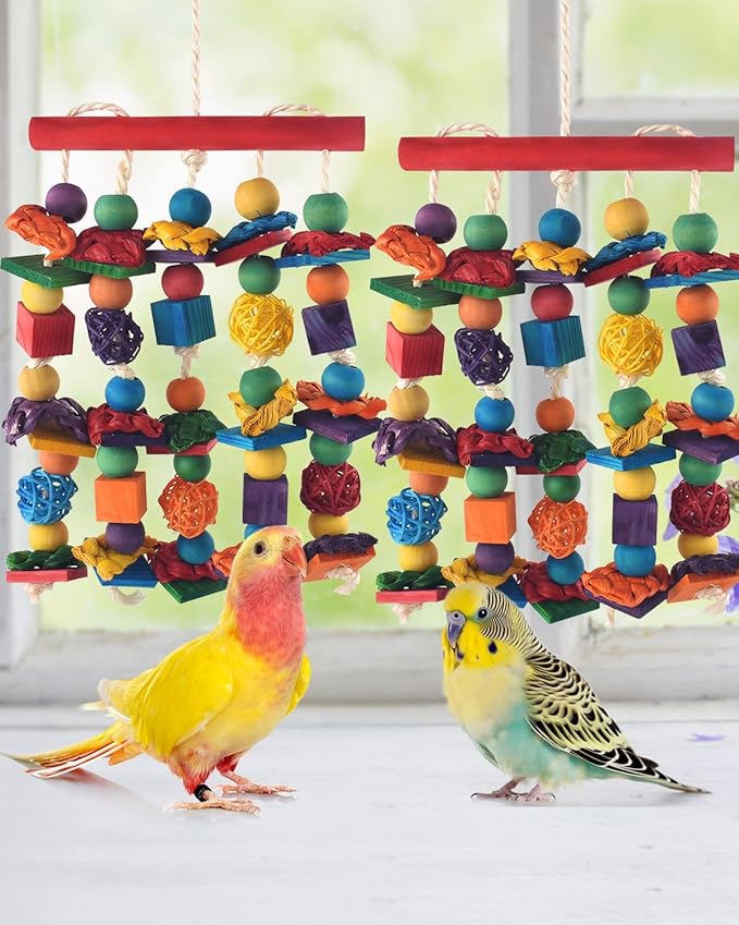 Bird Toys, 2PCS Parrot Foraging Hanging Toy, Multicolored Natural Wooden Blocks Parakeet Chewing Toys mit Rattan Wicker Balls, for Medium Small Cockatoos Budgie Lovebird Cockatiel Conure-PawvioPets