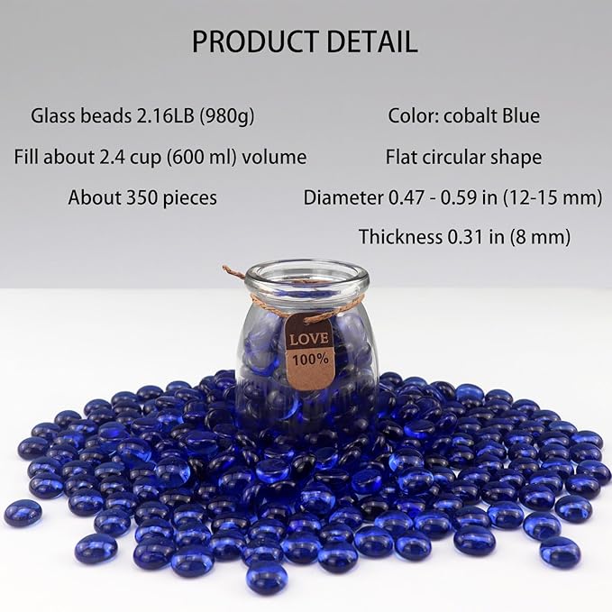 2.16LB Glass Beads Vase Filler Aquarium Gravel Decor Flat Glass Marbles Gems Pebbles Fish Tank Rocks Home Decorative Art Craft - Cobalt Blue-PawvioPets