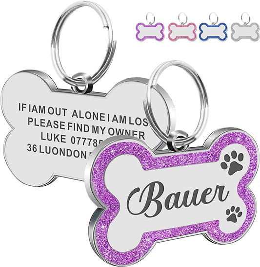 Dog Tags Personalized for Pets Dog Name Tags Personalized Dog Tag Engraved with Any Name & Text Custom Dog ID Tags Glitter Bone ID Tag for Puppy Cat (Purple S, Bone)-PawvioPets