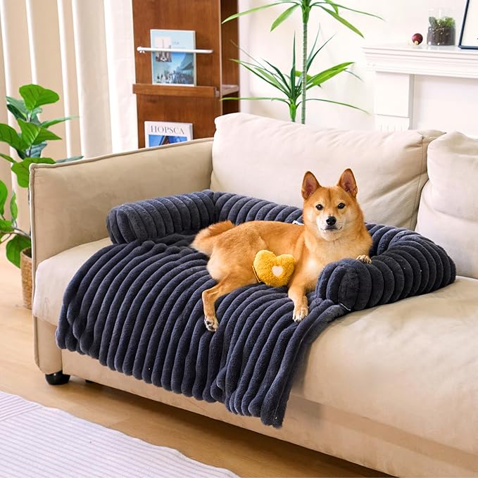 FUNNY FUZZY Pet Couch Cover for Sofa, Calming Dog Bed for Couch, Fluffy Plush Dog Couch Mat for Furniture Protector for Large Medium Small Dogs and Cats, Dark Grey-PawvioPets