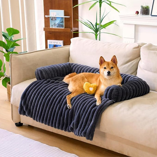 FUNNY FUZZY Pet Couch Cover for Sofa, Calming Dog Bed for Couch, Fluffy Plush Dog Couch Mat for Furniture Protector for Large Medium Small Dogs and Cats, Dark Grey-PawvioPets