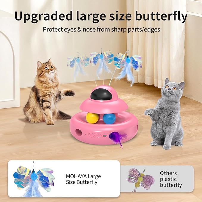 Automatic Cat Toys,4-in-1 InteractiveCat Toys for Bored Indoor Adult Cats, Electric Flying Butterfly,Rechargeable Moving Ambush Feather,Pink Kitter Toy Track Balls-PawvioPets