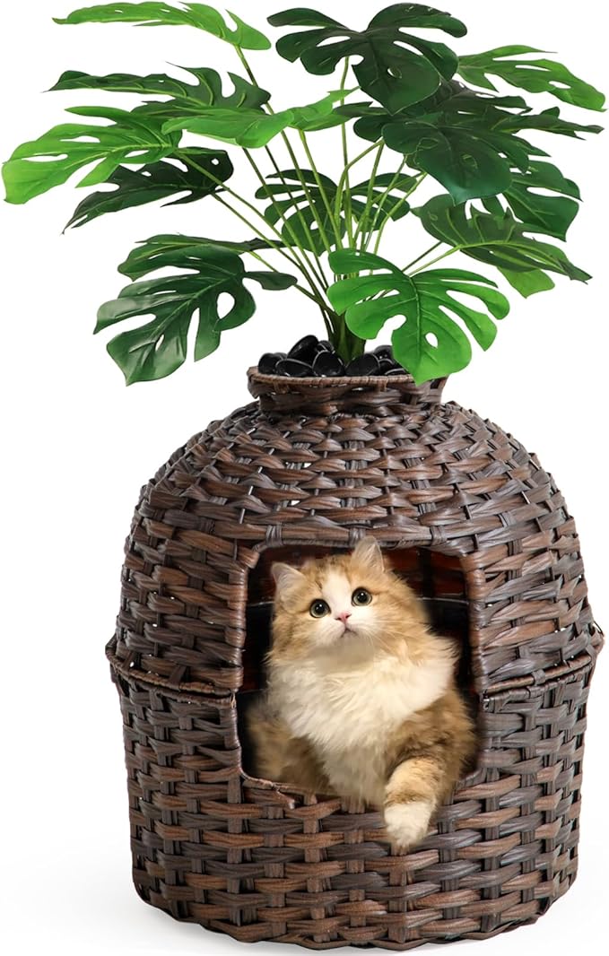 Cat Litter Box Plant Furniture Enclosure, Hidden Handwoven Rattan with Cat Litter Box and Artificial Plants, Odor Control Filter, Real Stones in Living Room, Bedroom, Corner (Brown)-PawvioPets