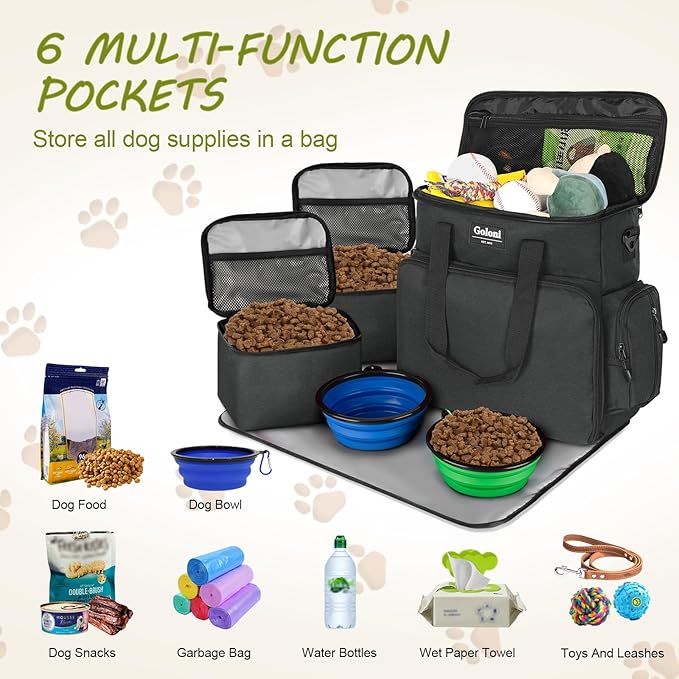 Dog Travel Bag Airline Approved–Pet Travel Tote with Collapsible Bowls,Food Containers & Feeding Mat–Multi-Pocket Organizer for Dogs & Cats, Durable & Water-Resistant for Hiking,Trips,Outdoors-PawvioPets