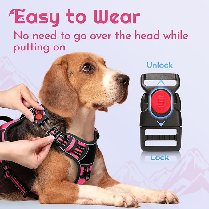 Eagloo Dog Harness for Large Dogs, Easy Wearing with 3 Buckles, Adjustable No Pull Pet Harness with 2 Rings for Walking, No Chock Reflective Soft Padded Vest with Control Handle, Pink & Black, XL-PawvioPets