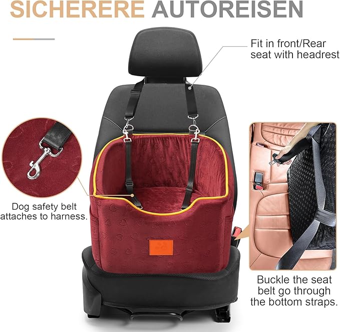 Dog Car Seat for Small Dogs, Memory Foam Booster Dog Seat for Dogs up to 35 lbs, Elevated Pet Car Seat, Travel Safety Pet Seat with Washable Removable Cover, Storage Pockets (Red)-PawvioPets