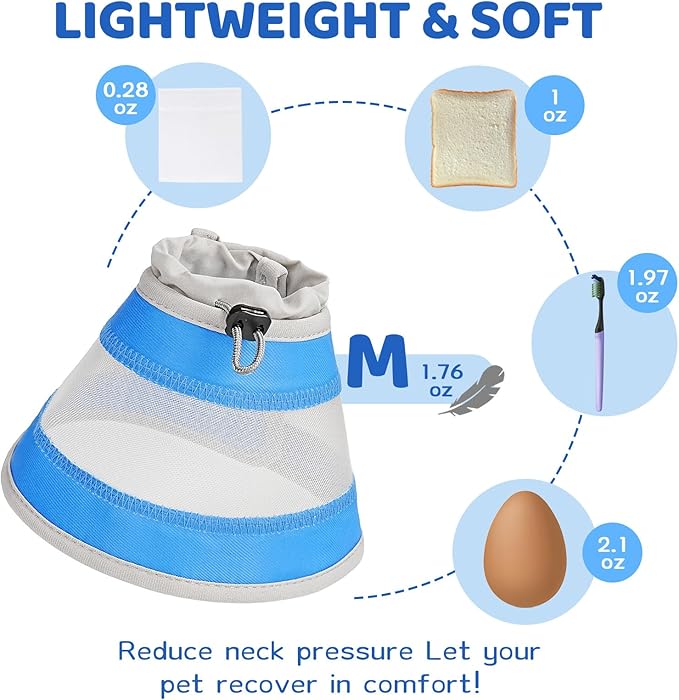 Breathable Air Mesh Cat Cone Collar Soft to Stop Licking, Adjustable, Foldable Lightweight Kitten Cones After Surgery Recovery for Cats & Kittens (Light Blue,M)-PawvioPets