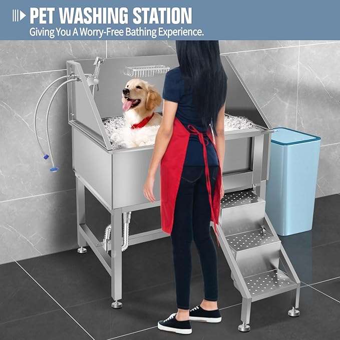 38"" Pet Dog Bathing Station W/Ramp, Professional Stainless Steel Dog Grooming Tub W/Soap Box, Faucet,Rich Accessory, Dog Bathtub for Large,Medium,Small Pets, Washing Sink for Home,R-RAMP-PawvioPets