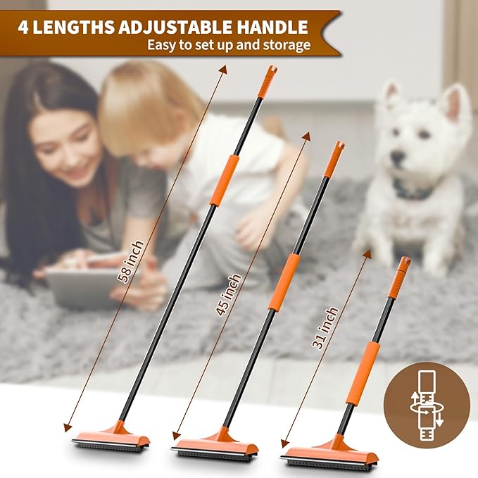 3 in 1 Carpet rake Kit for Pet Hair Removal Tool - Reusable Pet Hair Remover broom w 58"Adjustable Long Handle, Dog & Cat Carpet Scraper, Pet Hair Remover for Rugs, Mats, Couch, Curtains(Orange)-PawvioPets