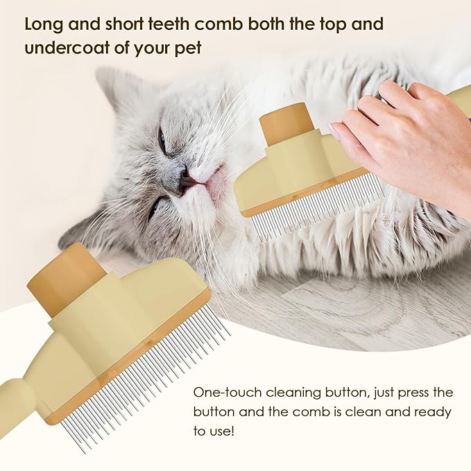 Flea Comb for Cat Hair Removal Comb, 2025 New Self-Cleaning Flea Brush for Cats and Dog, Comfort Cat Hair Removal Tool with Long & Short Stainless Steel Metal Grooming Brush(Yellow)-PawvioPets