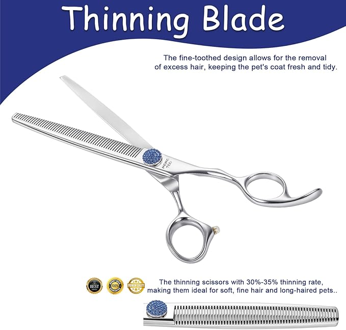 7'' Dog Grooming Scissors CNC 440C Blades Sharp and Durable Polished Thinning Dog Shears with Blue Diamond Adustable Screws Easy to Use for Groomer and Home User-PawvioPets