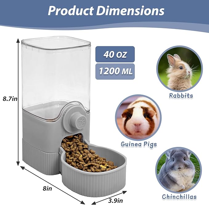 Fhiny Rabbit Food Dispenser, 40oz Large Capacity Hanging Gravity Bunny Feeder for Cage Automatic Guinea Pig Feeding Bowls Pet Food Storage for Bunny Guinea Pig Chinchilla Ferret Cat Puppy-PawvioPets