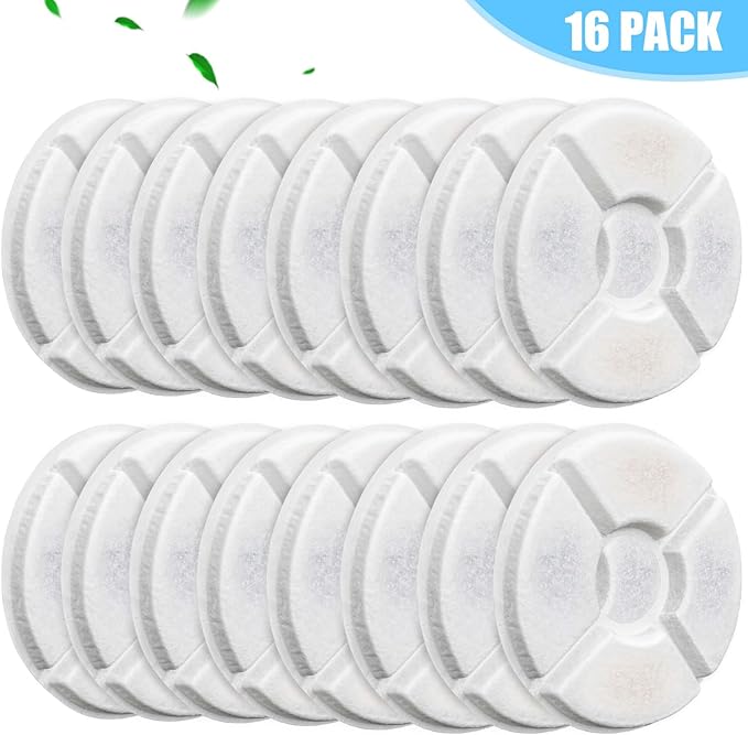 Cat Fountain Filter, 16 Pcs Cat Water Fountain Filters Replacement, 3-Filtration System Round Carbon Filters Compatible with 81oz / 2.4L Round Automatic Pet Dog Water Fountain Dispenser-PawvioPets