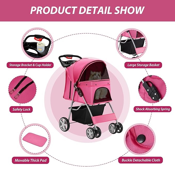4 Wheels Pet Stroller for Small Medium Dogs Cats 10-33 lbs, Foldable Dog and Cat Stroller with Cup Holder & Storage Basket & Breathable Mesh, Pet Strolling Cart for All-Season, Pink-PawvioPets