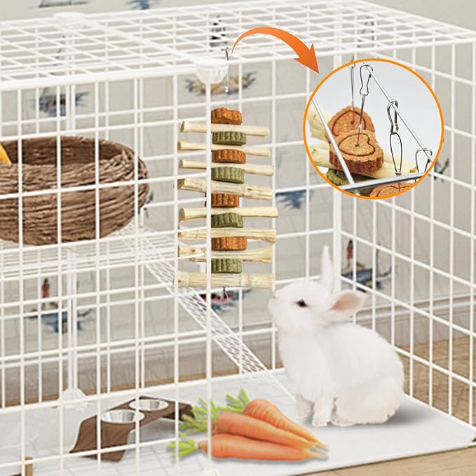 4 PCS Rabbit Chew Toys for Teeth Grinding, Delicious Bunny Cage Hanging Chew Toys, Natural Sweet Bamboo Chew Sticks and Timothy Grass Cake Hay Treats Maintaining Healthy Teeth for Rabbits-PawvioPets