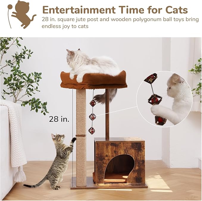 FUKUMARU Cat Scratching Post, Modern Style Cat Tree with Unique Square Post, Wooden Cat Tower with silvervine Balls, Retro Cat Condo Scratcher for Indoor Cats（Solid Wood）-PawvioPets