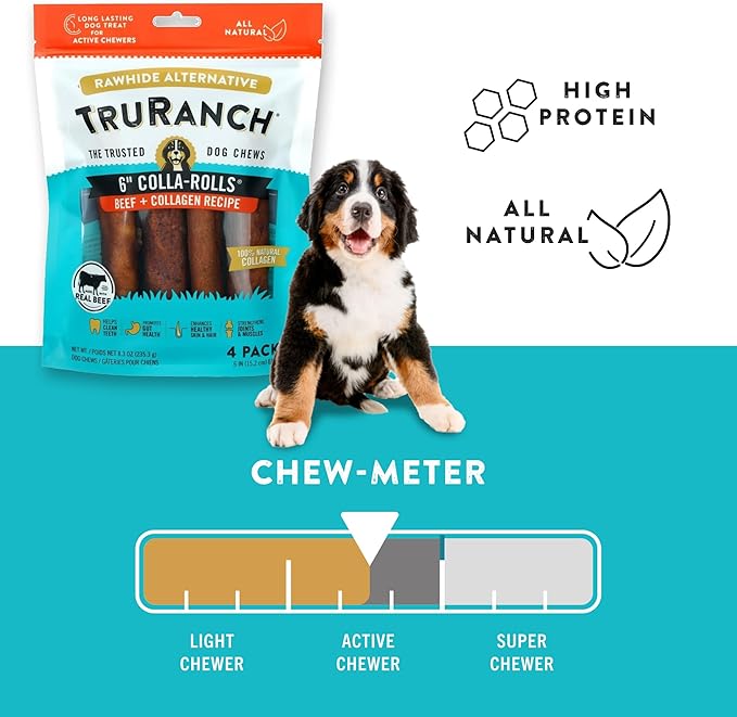 Collagen Rolls - 6" Collagen Rolls for Dogs - Long Lasting Healthy Joint Support - Rawhide Alternative - Skin & Coat Health - Made with Real Beef, Value Pack, 15 Bags, 60 Count-PawvioPets