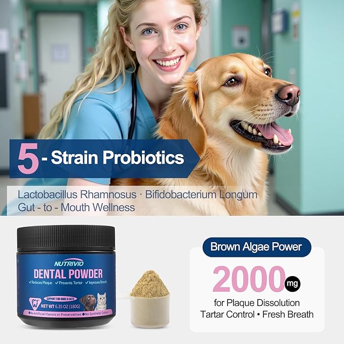 Dental Powder for Dogs & Cats - 5 Strains of Probiotics with 10B CFU, Natural Ingredients for Plaque & Tartar Control, Fresh Breath Oral Care,Safe for All Breeds & Ages Pets - 6.35oz(180g)-PawvioPets
