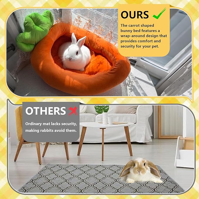Bunny Bed,Thick&Soft Rabbit Bed with Removable Cushion,Machine Washable with Rattan Mat & Heart Decor,Cozy Warm Small Animal Sleeping Beds (Carrot Shape-M)-PawvioPets