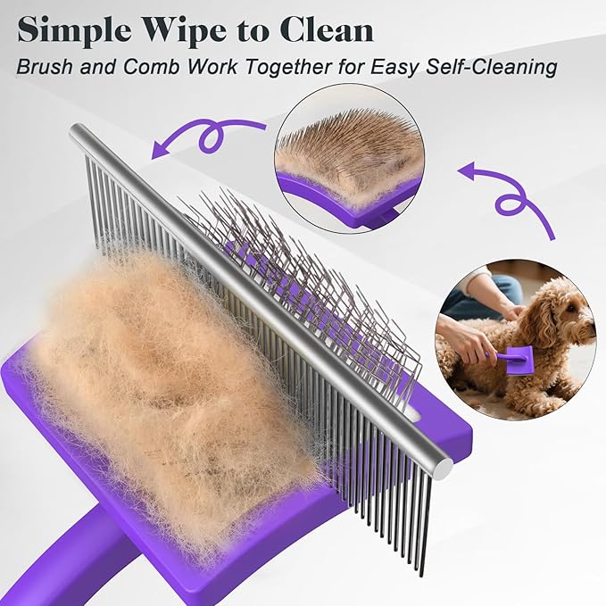 2PCS Slicker Brush for Dogs & Pet Comb,Professional Dog Grooming Brush (Goldendoodles,Poodles,Labradoodles) with Extra Long Pins to Effectively Remove Tangles, Knots and Mats (Purple)-PawvioPets