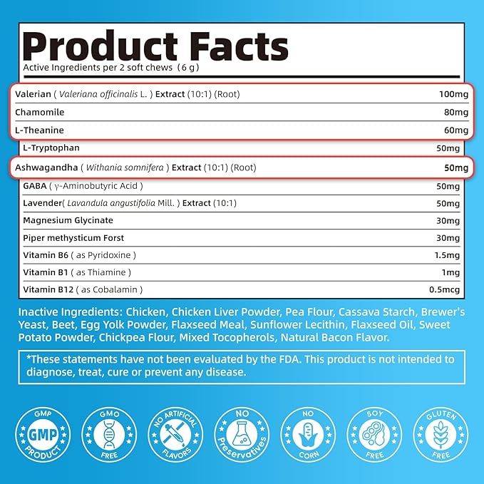 Calming Chews for Dogs – Calming Treats for Anxiety, Stress, Separation, Travel&Thunder, Relaxation & Focus Support with L-Theanine, Valerian Root, Chamomile & Ashwagandha, Bacon Flavor, 90Ct-PawvioPets