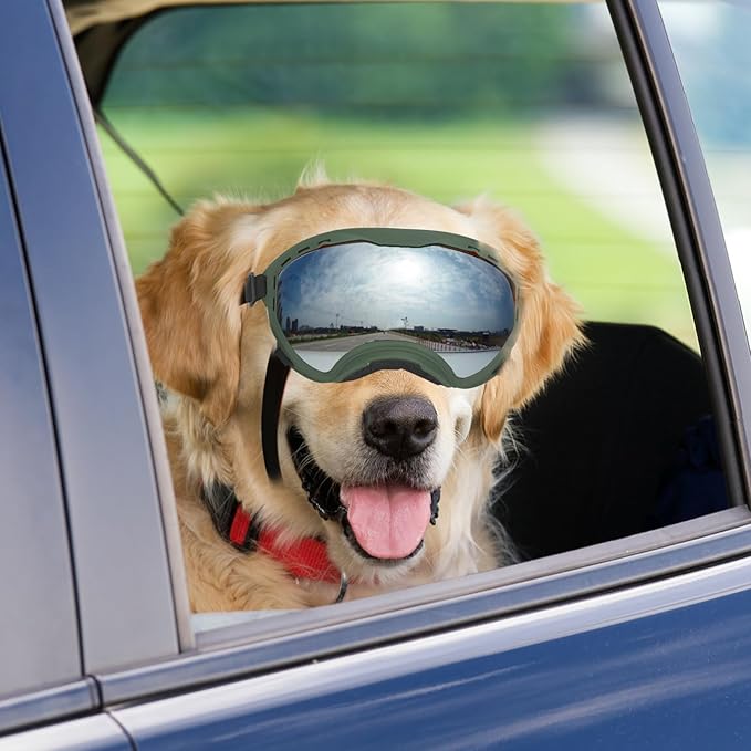 Dog Goggles for Large Dogs, UV Wind Dust Fog Protection, Soft Frame Adjustable Dog Sunglasses, Summer Driving & Winter Snow Eyewear, Tactical Pet Glasses with Elastic Strap (Green)-PawvioPets