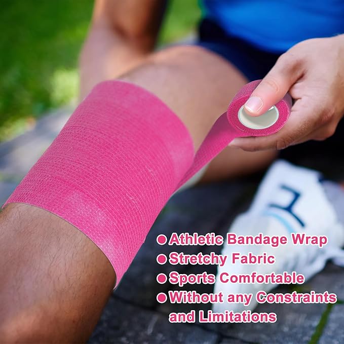 24 Pack Pink Self Adhesive Bandage Wrap, 2” x 5 Yards Cohesive Vet Wrap Elastic Athletic Tape Grip Tape Sports Tape for Ankle, Wrist Sprains, Medical, Pet First Aid (Pink, 2 Inch)-PawvioPets