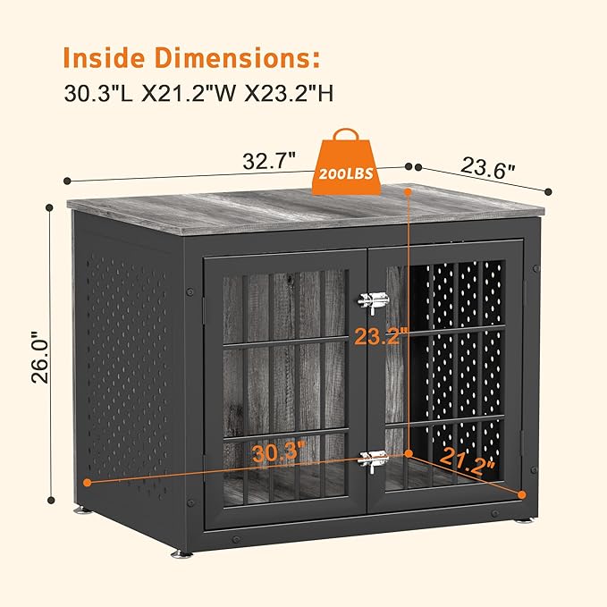 32" Heavy Duty Dog Crate Furniture for Small and Medium Dogs, Metal Kennel for High Anxiety Dogs, Chew Proof Pet Cage Indoor, Decorative Dog Kennel End Table-PawvioPets