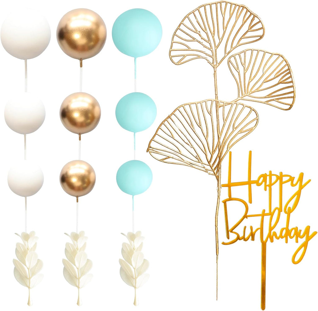 Gyufise 57Pcs Balls Cake Topper Boho Grass Cake topper Pearl Balls Acrylic Happy Birthday Cake Decorations for Wedding Baby Shower Birthday Boho Themed Party Supplies Light Blue