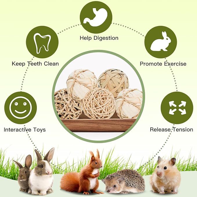 8 Pack Small Pet Chew Toys - 7cm Natural Woven Balls for Rabbits, Guinea Pigs, Hamsters (2 Seagrass, 2 Rattan, 2 Corn Husk, 2 Seaweed Rope) - Safe Dental Grinding Toys-PawvioPets