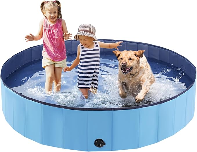 Foldable Dog Bath Swimming Pool Plastic Kiddie Pool Professional Tub Collapsible Grooming Bathtub for Pets Kids Baby and Toddler, 55 x 12 Inches Blue-PawvioPets