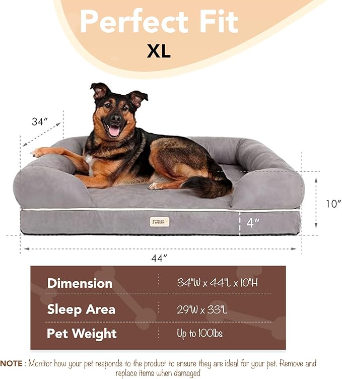 Friends Forever X-Large Dog Bed, Orthopedic Dog Sofa Memory Foam Mattress, Calming Dog Couch Bed, Wall Rim Pillow, Water Resistant Liner, Washable Cover, Non-Slip Bottom, Chester, X-Large Grey-PawvioPets