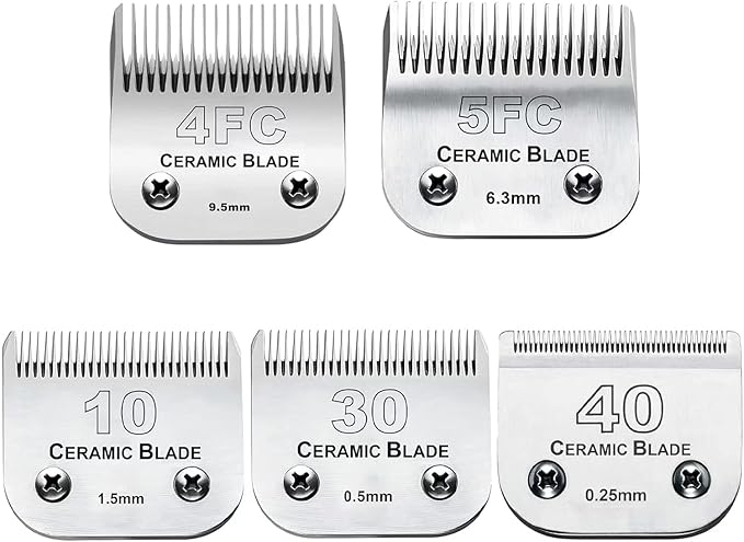 5PCS 10 Blades Dog Grooming Replacement Blades Compatible with Andis Pet Clipper/Oster A5/Wahl KM Series Dog Clipper,Ceramic Blade & Stainless Steel Blade, Size ：#10+30+40+5FC+4FC-PawvioPets