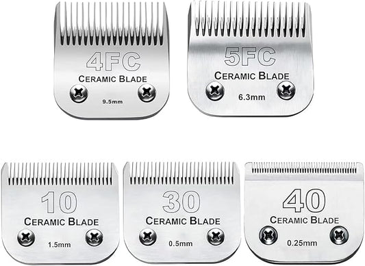 5PCS 10 Blades Dog Grooming Replacement Blades Compatible with Andis Pet Clipper/Oster A5/Wahl KM Series Dog Clipper,Ceramic Blade & Stainless Steel Blade, Size ：#10+30+40+5FC+4FC-PawvioPets