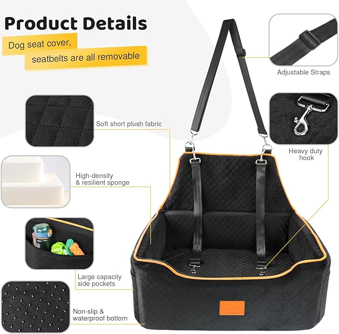 Dog Car Seat for Large/Medium Dog, Booster Seat for Dogs Under 55Lbs or 2 Small, Detachable and Washable Travel Pet Seat with Thick Cushion and Storage Pockets (Black)-PawvioPets