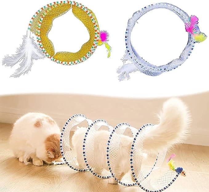 Folded Cat Tunnel Toy for Indoor Cats, 2 PCS Collapsible Pet Spring Cat Toys with Feather Mouse Upgrade Interactive Toy Playing Tent for Puppy Kitten Accessories Home-PawvioPets