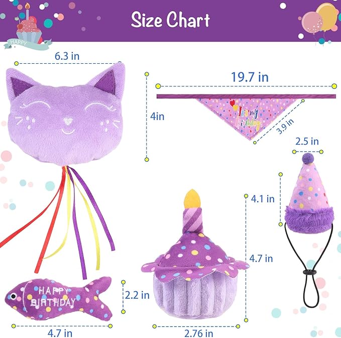BINGPET Cat Birthday Catnip Toys for Indoor Cats,Cat Birthday Hat,Bandana and Cat Birthday Cake Interactive Plush Kitten Chew Toys,Cute Fish,Balloon Toys with Crinkle Paper and Catnip Inside(Purple)-PawvioPets