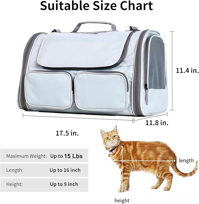 FUKUMARU Cat Carrier, Soft-Sided Small Dog Carrier, Large Cat Travel Bag with 4 Mesh Windows, Under 15 lb Airline Approved Pet Carrier with 4 Storage Pockets, Rollable Cover for Nervous Cats, Grey-PawvioPets