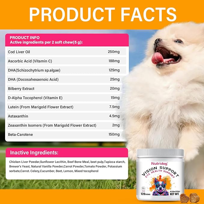 Eye Supplements for Dogs - Vision Support Soft Chews with Lutein, DHA & Vitamin C | 120ct Salmon Flavor Tear Stain Chews | Cataract & Dry Eye Relief Supplement (120 Ct, Salmon)-PawvioPets