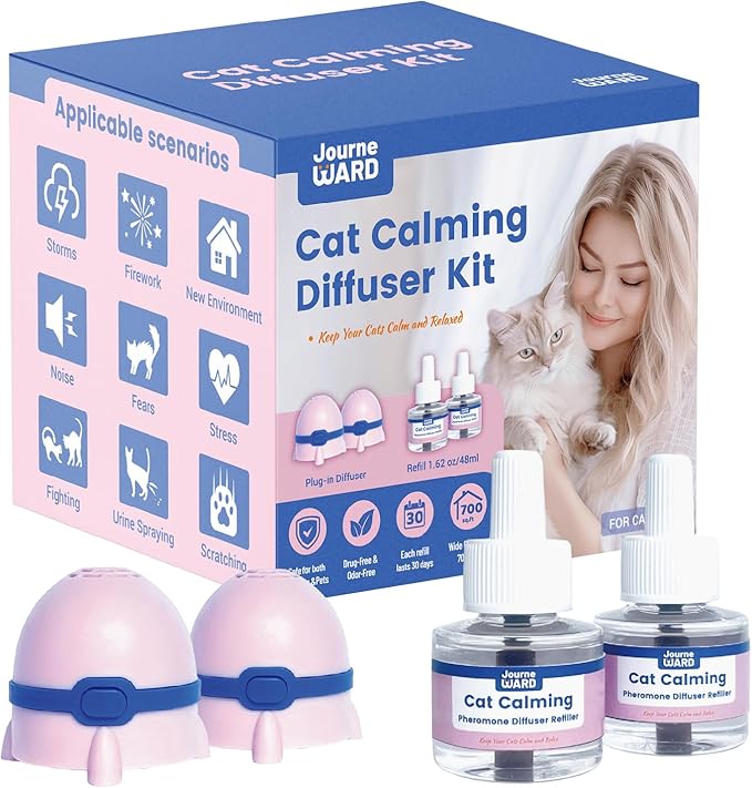 Cat Calming Diffuser, Cat Calming Pheromone Diffuser, Safe Cat Anxiety Relief, Lasts 60 Days, Reduce Stress, Cat Pheromone Diffuser (2Diffusers+2Refills), Calming Cat Pheromone Diffuser-PawvioPets