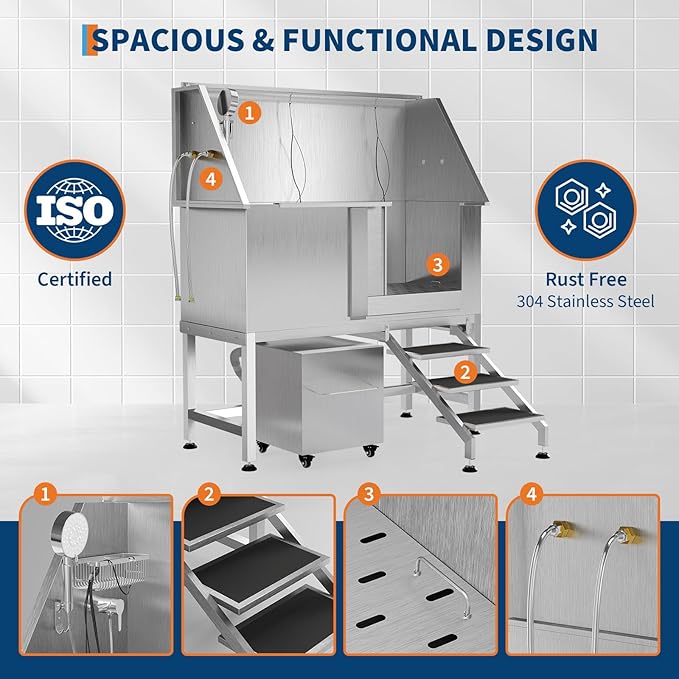 50" Stainless Steel Professional Dog Washing Station - Pet Bathing Tub w/Non-Slip Stairs & Storage Shelf | Slip-Resistant Floor Grate | for Large/Medium/Small Dogs-PawvioPets