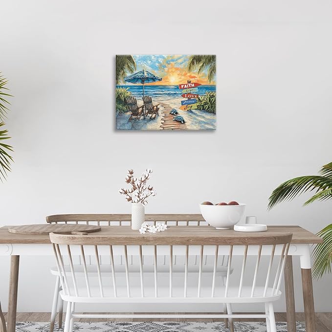 Beach Ocean Bathroom Pictures Wall Art, Seaside Coastal Bathroom Wall Decor, Sunrise Framed Painting Canvas Artwork for Bedroom Living Room Decorations 20"L x 16"W-PawvioPets