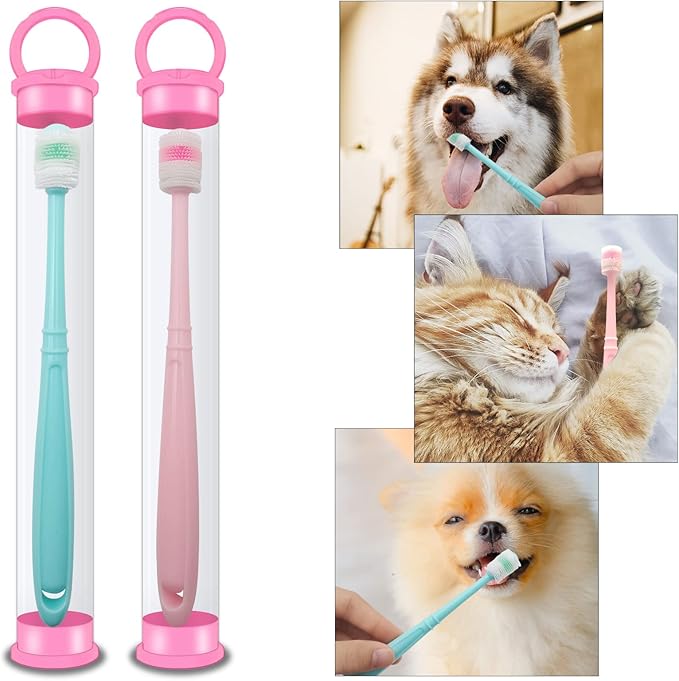 BLMHTWO 2 Pieces Cat Toothbrush, Dog Toothbrush 360-Degree Dog Toothbrushs Small with Independent Transparent Packaging Box and PP Handle Silicone Toothbrushs for Small Dogs (Green and Pink)-PawvioPets