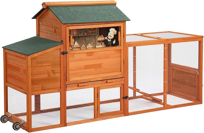 COZIWOW 82" Large Wooden Chicken Coop, Outdoor Rabbit Hutch with Wheels, Sunshine Board, Asphalt Roof, Ramp, Openable Top, Door, Window, Pull-Out Tray, Indoor Bunny Cage (Orange with Pattern)-PawvioPets