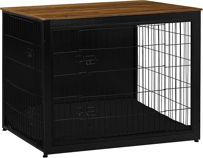 DWANTON Dog Crate Furniture with Cushion, Wooden Kennel Table with Double Doors, Indoor Dog House, Extra Large Size, 43.3" L, Black+Warm Brown-PawvioPets