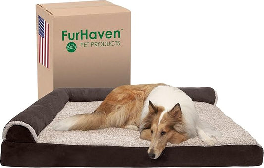 Furhaven Cooling Gel Dog Bed for Large Dogs w/ Removable Bolsters & Washable Cover, For Dogs Up to 125 lbs - Two-Tone Plush Faux Fur & Suede L Shaped Chaise - Espresso, Jumbo Plus/XXL-PawvioPets
