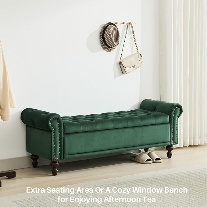 58.1'' Storage Bench Upholstered Velvet End of Bedroom Bed Bench Ottoman with Tufted Cushioned Rolled Arm Large Storage Space for Reading Living Room Entryway,Dark Green-PawvioPets