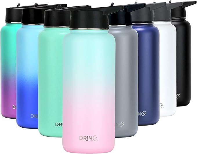 DRINCO Stainless Steel Water Bottle Spout Lid Vacuum Insulated Double Wall Water Bottle Wide Mouth (40oz 32oz 22oz 18oz 14oz) Leak Proof Keeps Cold or Hot (32 oz, 32oz Macaron)-PawvioPets