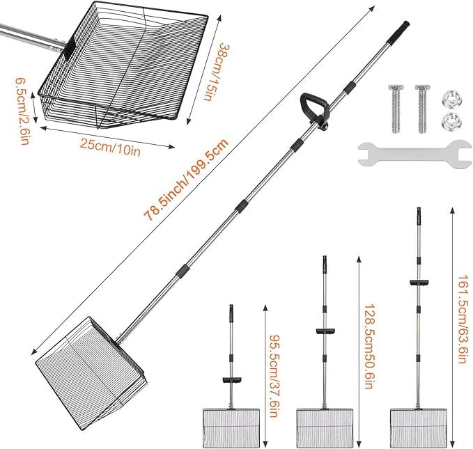 15 inch Large Chicken Poop Scooper with Ergonomic Grip, 6 in 1 Detachable Chicken Scooper for Poop Shovel (20 to 79"), Stainless Steel Sifting Shovel for Chicken Coop/Goat Stall/Stable Cleaning Tool-PawvioPets