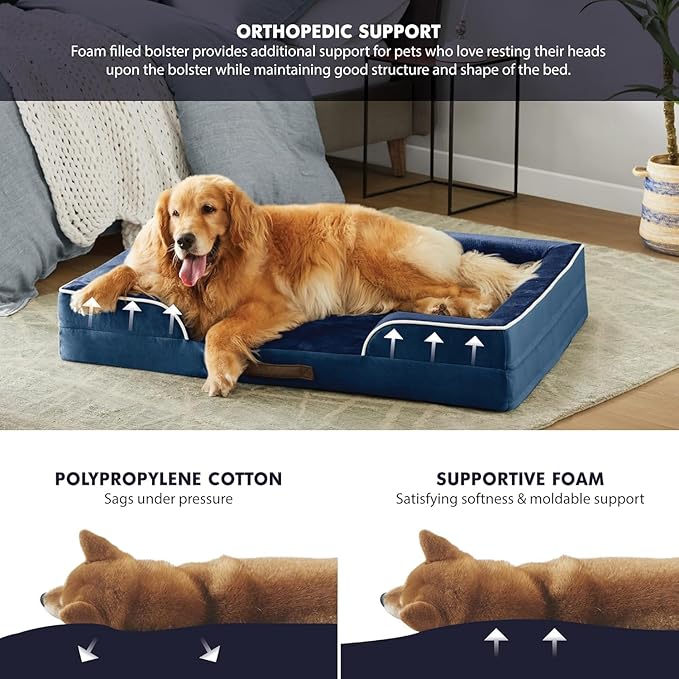 Friends Forever Orthopedic Dog Bed, Bolster Dog Bed with Memory Foam Pet Couch Sofa and Removable Washable Cover, Ally Navy, 42x32x7-PawvioPets